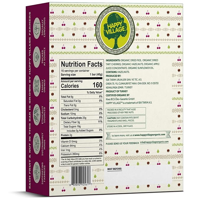 Happy Village Organic Fruit & Nut Bar, TART CHERRY | Gluten Free, No Refined Sugar, Kosher, Non-GMO, Vegan, Good Source of Fiber | Organic Healthy Snack Bars (16 bars, 1.4 OZ each)