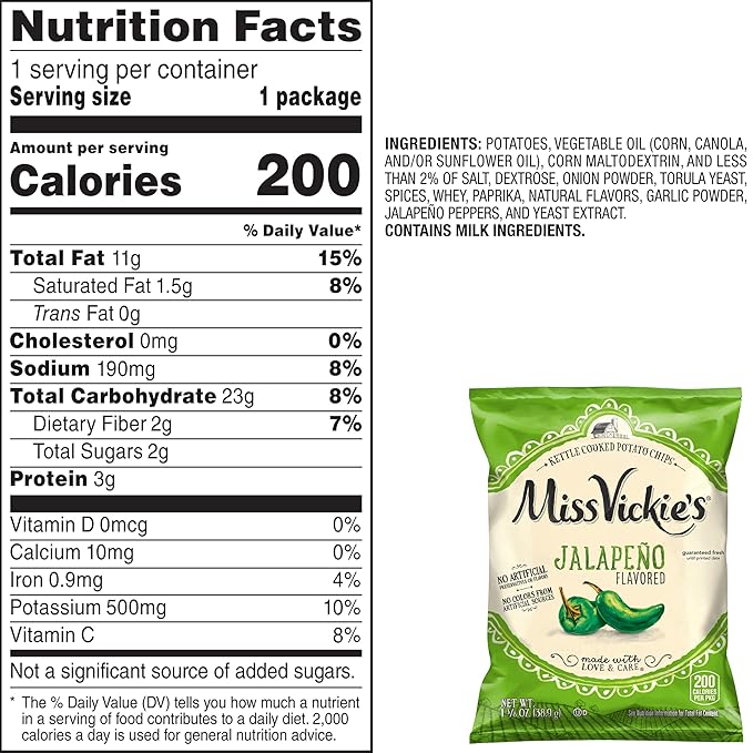 Miss Vickie's Kettle Cooked Potato Chips, Jalapeno, 1.375 Ounce (Pack of 64)