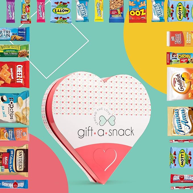 Gift A Snack - Valentines Day Heart Shape Snack Box Variety Pack Care Package + Greeting Card (40 Count) Birthday Sweet Treats Gift Basket, Candies Chips - Office Food Assortments