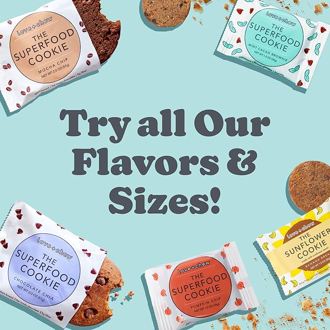 Love + Chew Superfood Soft Baked MINI Cookies Variety Pack, Plant Based Cookie With Almonds, Dates, and Chia Seeds for Kids and Adults, Vegan Snacks, Gluten Free, Paleo, Non GMO, 16 Pack