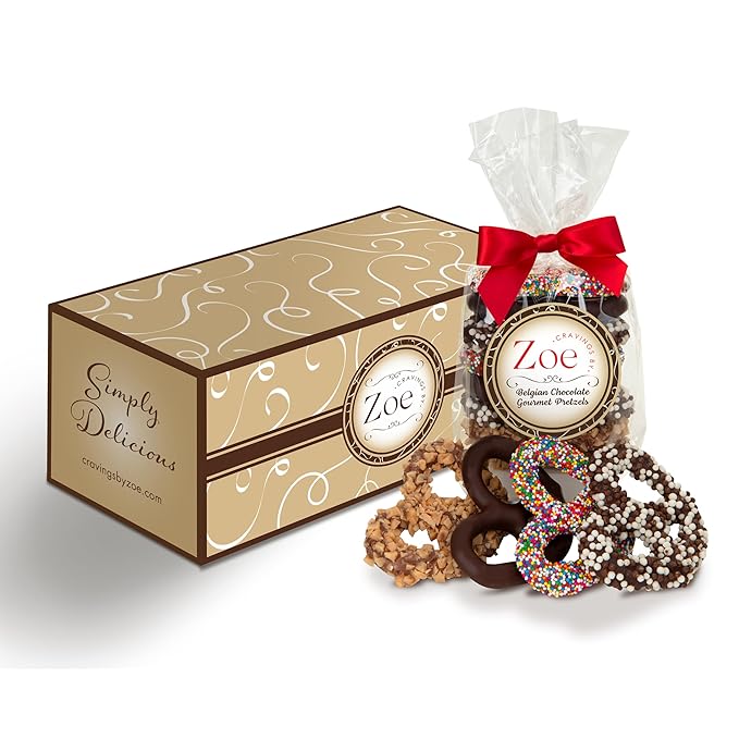 CRAVINGS BY ZOE Mothers Day Chocolate Covered Pretzels Gift Bag 8 oz | Gourmet Kosher Milk & Dark Belgian Chocolate Candy Food Gift Box Basket | Birthday, Get Well, Thank You, Men Women Mom Dad Her