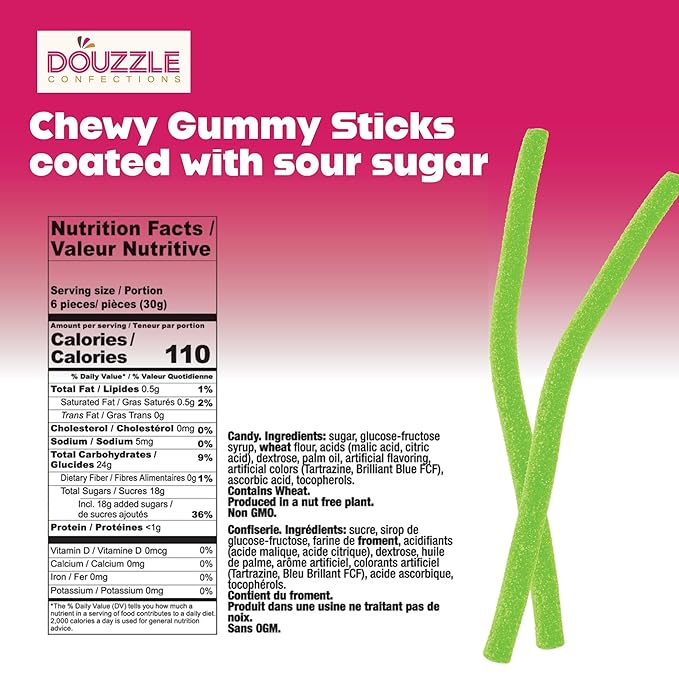 DOUzzle Valentines Day Sweet Treats, Sour Sticks Chewy Candy Straws Green Apple (1.8 OZ - 1 Pack) Goodie Bag Stuffer, Pinata Filler - Kosher Parve