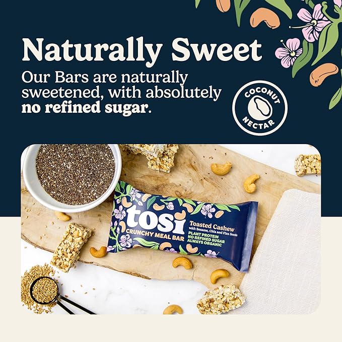 Tosi Meal Nut Bars, Cashew, Healthy Snacks for Adults & Kids, Crunchy Plant Based Protein Bar (14G), Keto Snacks, Vegan, Gluten & Soy Free, Low Sugar, Omega 3s, 2.4oz, 12-Pack