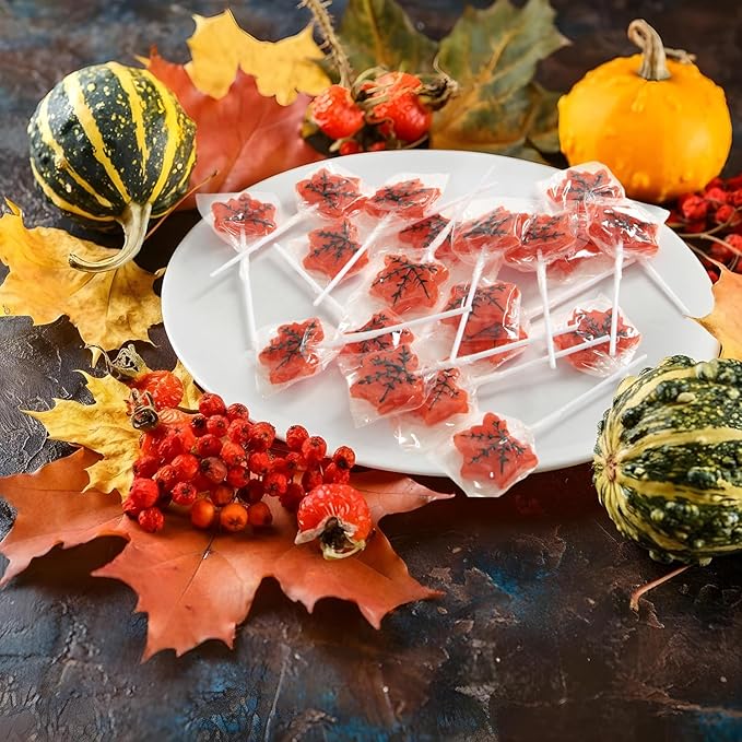 Maple Leaf Lollipops, 24 Pieces of Fall Candy Individually Wrapped, Perfect Fall Candy Favors for the Holidays, Autumn Parties, Cozy Fall Gatherings and Fall Celebrations
