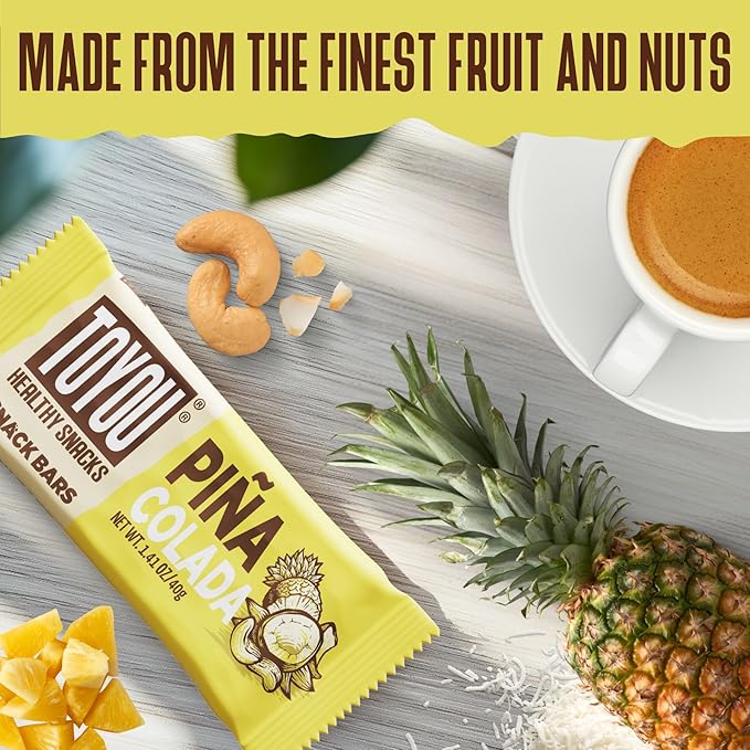 ToYou Gluten Free Chewy Fruit and Nut Bars - Healthy Protein Snacks | Piña Colada - 1.41 Ounce (Pack of 12) | Soft Chewy, Vegan, Fiber-Packed Granola Bars for Adults and Kids, Made with Natural Ingredients