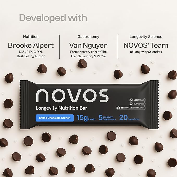 Novos Longevity Meal Bar - Salted Chocolate Crunch - 15g Protein Bar, 5 Longevity supplements, 20 Superfoods, Seed Oil Free, Targets Causes of Aging, Skin, Mind and Mood Support, Vegetarian, 12-Pack