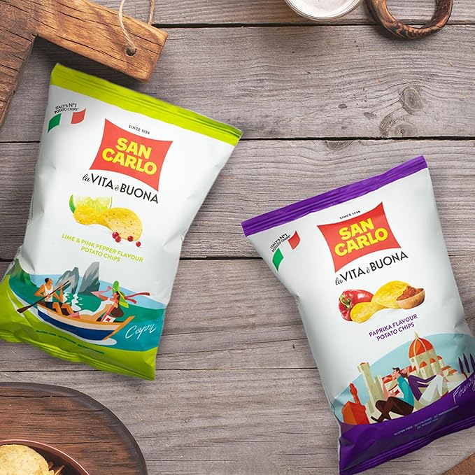 San Carlo Variety Pack 8X 50g Multi Flavours n°1 Italian Potato Chips – Classic, Wavy, Paprika, Pesto, Lime and Pink Pepper, Tomato
