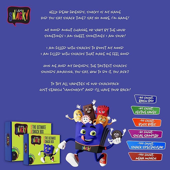 I AM Snacky - Valentines Day Snack Box Variety Pack Care Package + Greeting Card - SNACKY'S PARTY PACK (100 Count) Birthday Sweet Treats Gift Basket, Candies Chips