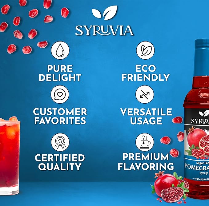 Syruvia Sugar-Free Pomegranate Syrup - 25.4 fl oz. Premium Flavoring Syrup. 0 Calories, Kosher, and Gluten-Free. Ideal for Enhancing Tea, Italian Sodas, Beverages, Desserts, Ice Cream, Cocktails, and Mocktails.