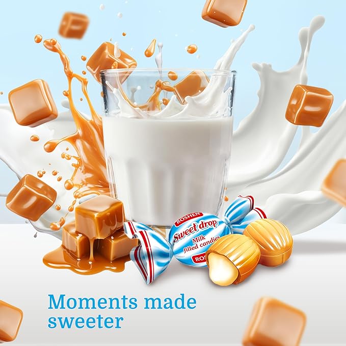 Roshen Sweet Drop Caramel Candy, Soft Caramel with Dairy Milky Filling, 13.33oz (378g), Approx. 54 Pieces, Individually Wrapped Creamy Caramel Candies, Kosher, Halal with No Artificial Dyes - Pack of 1