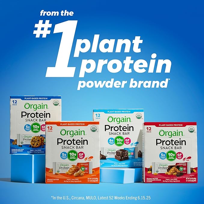 Orgain Organic Vegan Protein Bars, Chocolate Brownie - 10g Plant Based Protein, Low Calorie Healthy Snacks, No Lactose or Soy Ingredients, Gluten Free, Non-GMO - 1.41 Oz (Pack of 12)