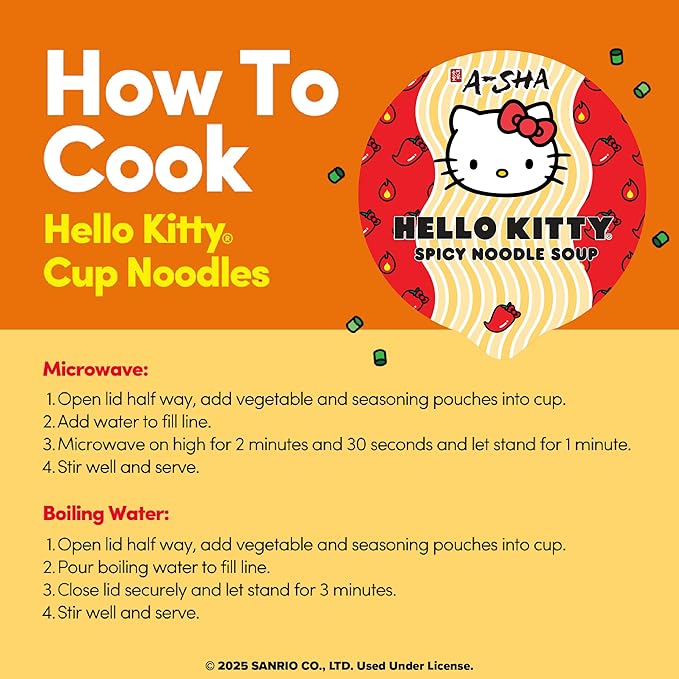 Hello Kitty Instant Ramen Noodle Cup |6 Pack Vegan Spicy Flavor | Premium Microwaveable Ramen Soup Mix, Asian Snacks