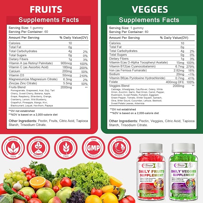 Sugar-Free Fruits & Veggies Gummies, Super Greens with 23 Fruits & 25 Veggies, Multivitamin Minerals & Fiber, Vegan Fruit & Vegetable Supplement for Adults, 120 Gummies, 2 Month Supply