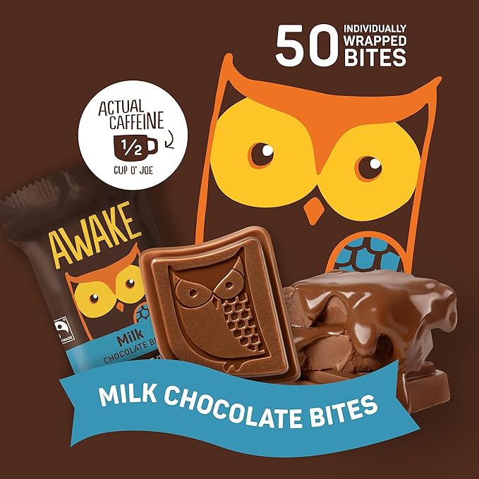 AWAKE - Caffeinated Chocolate Bites - Milk Chocolate, 50 Bites - 50mg Caffeine - Individually Wrapped Energy Bites - Coffee Alternative - Fairtrade, Gluten Free, Non GMO - 0.48oz