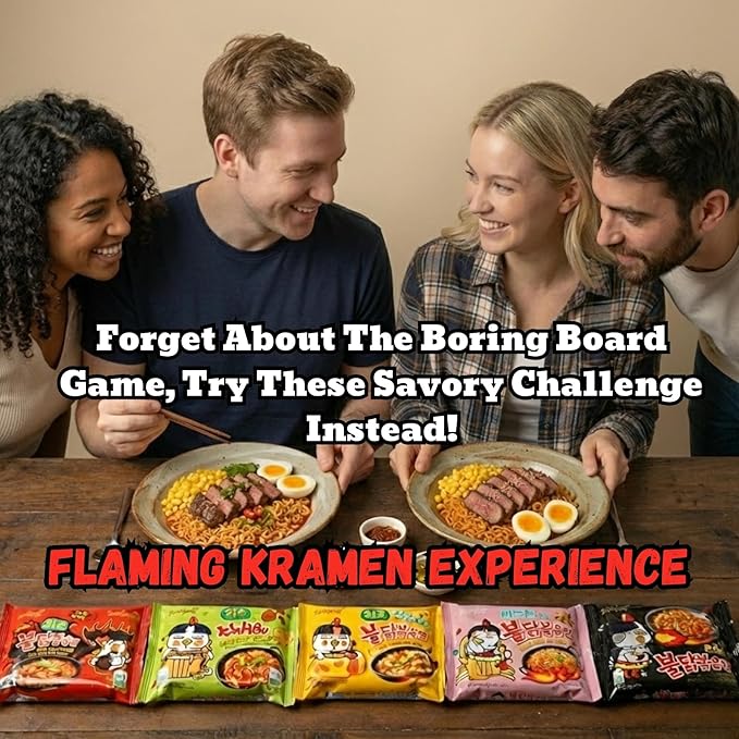 NSPARK FLAMING KRAMEN Spicy Ramen Variety Pack (10 Packs) | 5 Famous Flavors & (10) Sesame Seaweed Topper | (10 Individual Wrap Heavy Fork) Ultimate Korean Style Spicy Noodle Challenge 30 Item Count | Asian Instant Ramen Student Care Package Bundle
