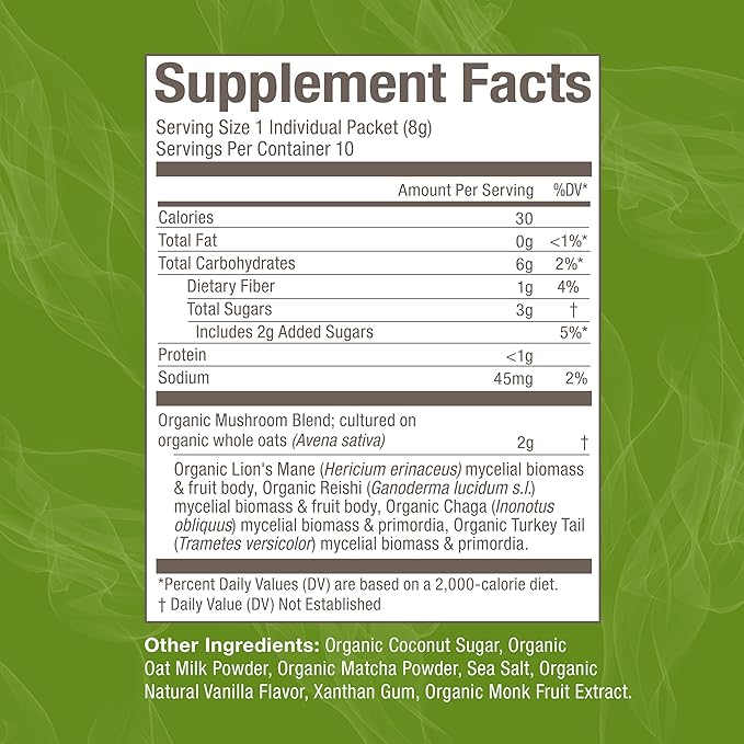 OM MUSHROOM SUPERFOOD Matcha Latte Blend – Green Tea Mushroom Powder with Lion’s Mane, Reishi, Chaga & Turkey Tail – Focus, Calm & Stress Support – Single Serve Packets (10 Count)