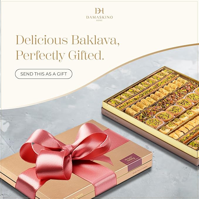 Damaskino Home Assorted Turkish Baklava Gift Box โ 1.1lb (500g) 35 Pieces โ Traditional Pistachio Baklava Pastry with Walnut & Cashew Fillings โ Authentic Middle Eastern Sweets โ Pistachio Gift Box