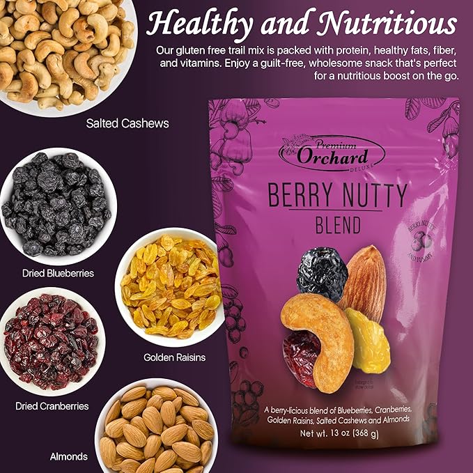 PREMIUM ORCHARD Berry Nutty Blend - Deluxe Mixed Nuts with Dried Cranberries, Golden Raisins, Blueberries | Healthy Trail Mix with Nuts, Mixed Berries