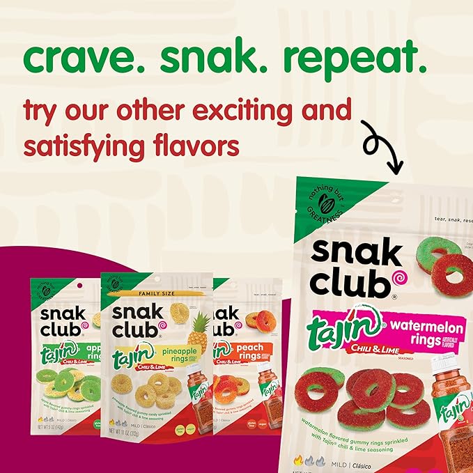Snak Club Tajin Mango Rings Gummy Candy, Fruit Candy Gummies with Chili and Lime Seasoning, Mild, Gluten-Free and Vegan Snacks, 5 oz Resealable Bags, 6 Pack