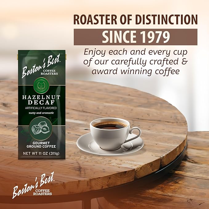 Bostonโs Best Coffee - Hazelnut Decaf Gourmet Delicious Medium Roast Nutty Premium Ground Coffee, 11 oz. / 311 g Coffee Bag