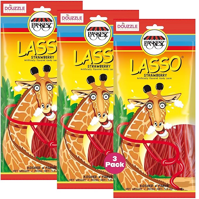 DOUzzle Valentines Day Sweet Treats, Lasso Red Licorice Laces, Candy Ropes Shoe Strings, Strawberry Flavored (3.5 OZ - 3 Pack) Goodie Bag Stuffer, Pinata Filler - Kosher Parve