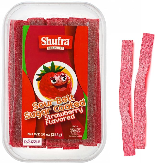DOUzzle Valentines Day Sweet Treats, Sour Belts Chewy Candy Strips Strawberry Sour Belts (10 OZ - Pack of 1) Goodie Bag Stuffer, Pinata Filler - Kosher Parve