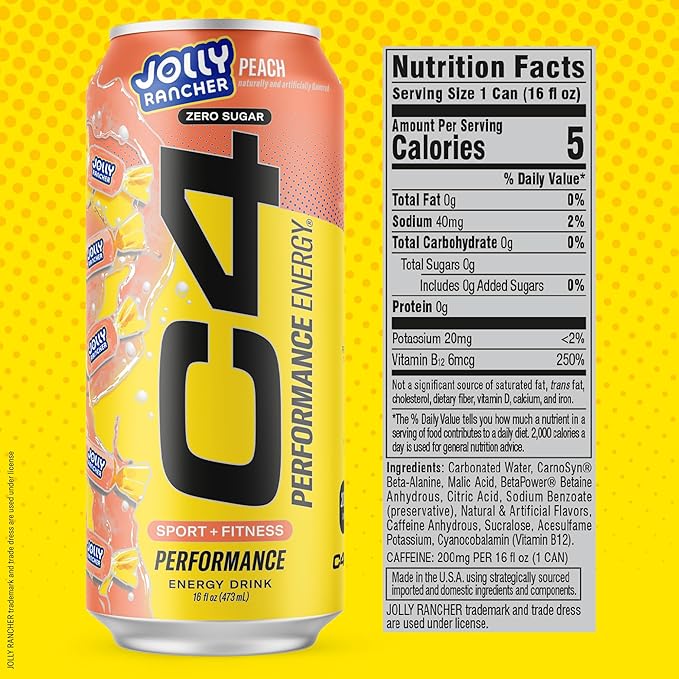 Cellucor C4 Performance Energy Drink | Jolly Rancher Variety Pack | Zero Sugar Carbonated Preworkout Energy | 200mg Caffeine with Beta Alanine | 16 Fl Oz Can (12 Pack)