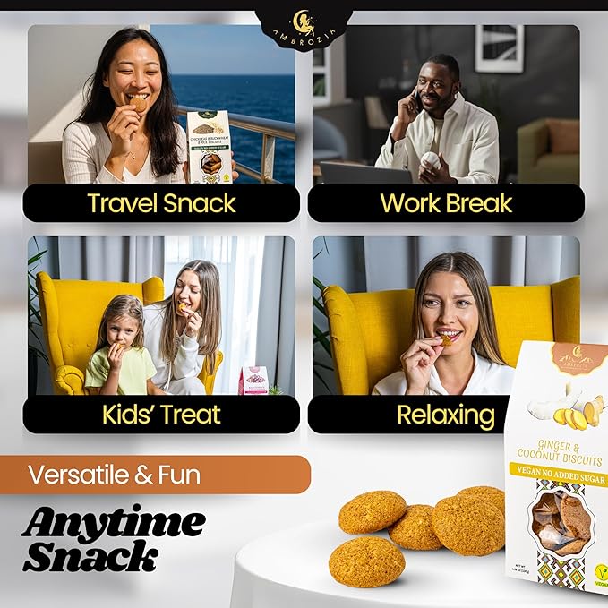 Ambrozia Vegan Snack Biscuits – Ginger & Coconut - Soft Baked, No Added Sugar, Clean Label, High Fiber & Wholesome Ingredients, Kid-Friendly, Healthy Snacks for Active Lifestyles, 4 x 4.58 Oz