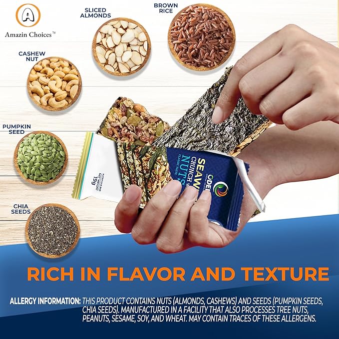 Seaweed Crunch with Nuts Classic Taste– Amazin Choices Vegan Snack Bars with Cashews, Almonds & Pumpkin Seeds – Premium Asian Chips – Seaweed Sheets – Sandwich Seaweed – Variety Pack