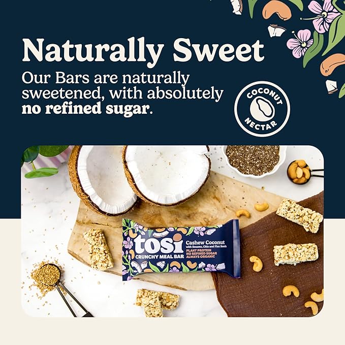 Tosi Meal Nut Bars, Cashew Coconut, Healthy Snacks for Adults & Kids, Crunchy Plant Based Protein Bar (14G), Keto Snacks, Vegan, Gluten & Soy Free, Low Sugar, Omega 3s, 2.4oz, 12-Pack