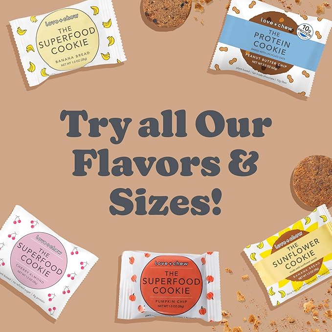 Love + Chew Mini Vegan Cookies, Gluten Free, 3g Plant Based Protein Per Cookie, Healthy Snacks for Adults and Kids, Individually Wrapped Chocolate Cookies, Chocolate Lover Variety Pack, 18 Pack