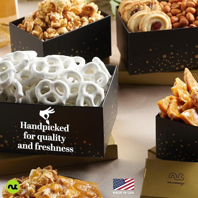 NUT CRAVINGS - Valentines Day Chocolate Covered Pretzels & Caramel Popcorn Gift Basket, Black Tower + Ribbon (8 Assortments) Sweet Treats Food Arrangement, Healthy Snack Care Package, Kosher