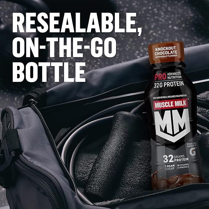 Muscle Milk Pro Advanced Nutrition Protein Shake, Knockout Chocolate, 14 Fl Oz Bottle, 12 Pack, 40g Protein, 1g Sugar, 16 Vitamins & Minerals, 6g Fiber, Workout Recovery, Packaging May Vary
