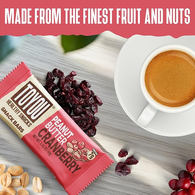 ToYou Gluten Free Chewy Fruit and Nut Bars - Healthy Protein Snacks | Peanut Butter Cranberry - 1.41 Ounce (Pack of 12) | Soft Chewy, Vegan, Fiber-Packed Granola Bars for Adults and Kids, Made with Natural Ingredients