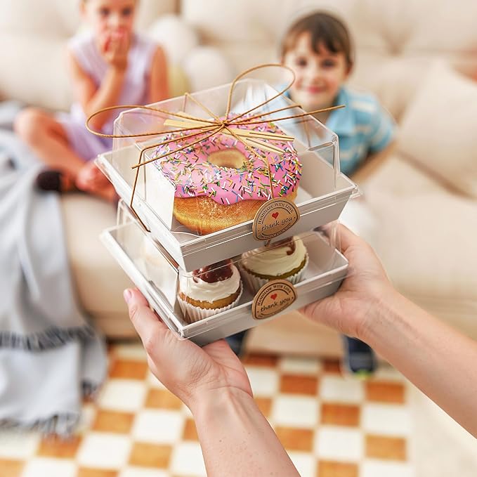 EffiQ-Rate 50 Pack Charcuterie Boxes with Clear Lids - To Go Paper Mini Charcuterie Box,Disposable Food Containers,White Dessert Boxes for Sandwich,Cookie,Sushi-Includes Strings,Stickers,and 100 Forks