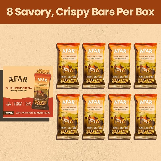 Afar Savory Protein Bars – Low Sugar, High Protein – Healthy Snacks for Adults – Meal Replacement Bar – Rice Crispy Texture – Vegan, Gluten Free (8 Bars, Italian Bruschetta)