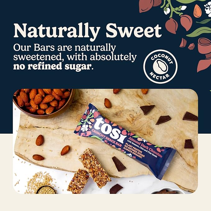 Tosi Nut Bars, Almond Dark Chocolate, Healthy Snacks for Adults & Kids, Plant Based Crunchy Bars (6G Protein), Organic Keto Snacks, Vegan, Gluten & Soy Free, Low Sugar, Omega 3s, 1oz, 12-Pack