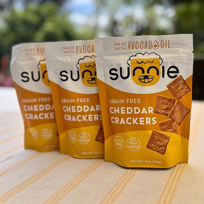 Sunnie Gluten Free Cheddar Crackers, Healthy Grain-Free Cracker Made with Real Cheese, Snacks for Kids & Adults, Made with Avocado Oil, Low Calorie Snack, 4 oz, Pack of 3