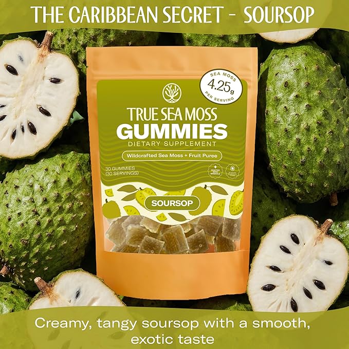 True Sea Moss Gummies – High Potency 4250mg Wildcrafted Irish Sea Moss Gel Extract per Serving + Soursop Flavor – Made with Coconut Sugar & Fruit Purée – 30 Gummies (30 Servings)