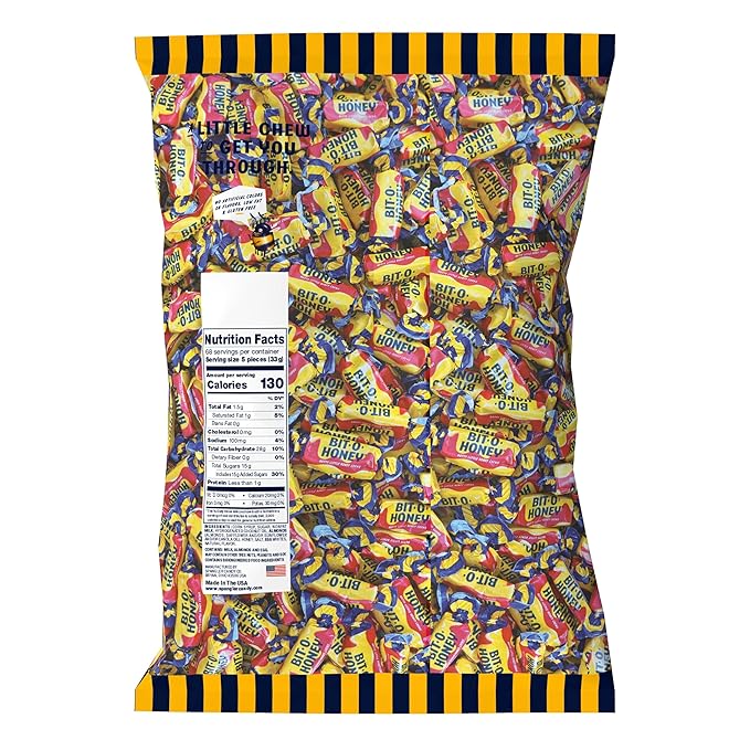 Bit O Honey Candy - Individually Wrapped Honey Taffy with Roasted Almond Bits, Gluten-Free, Classic Bite-Sized Treats, Sweet and Chewy Taffy Candy Bulk Bag - 5 LBS
