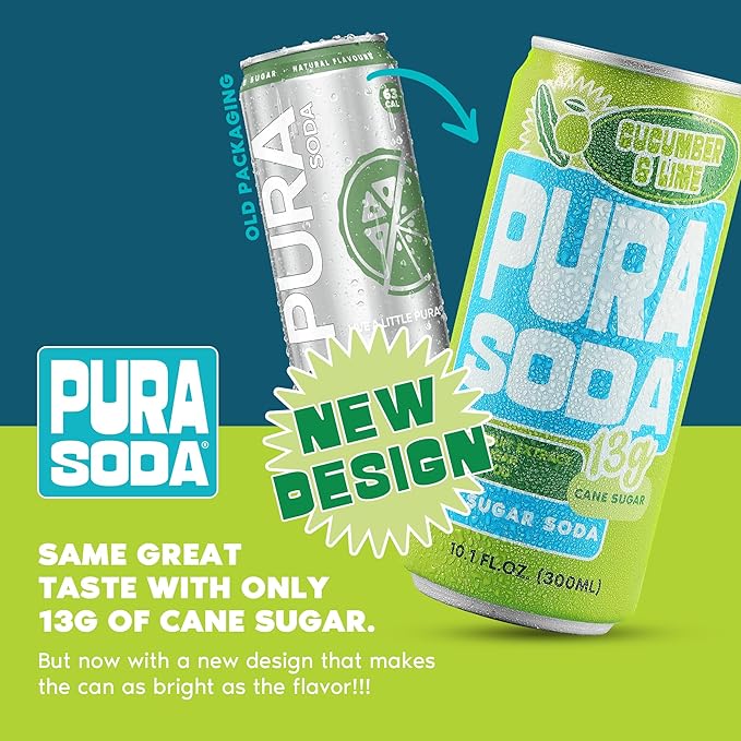 PuraSoda® Cucumber & Lime | Low-Calorie, Cane Sugar Soda Beverage | Non-GMO, Vegan | Made with Pure Cane Sugar, Clean & Refreshing | 10.1 fl oz (300ml) Cans, Pack of 24
