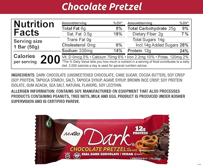 NuGo Dark Variety - Pretzel w/Sea Salt 12 bars & New! Chocolate Almond w/Sea Salt 12 bars, 12g Protein Bar, Vegan, Gluten Free, Non-GMO, Kosher Pareve, 24 count