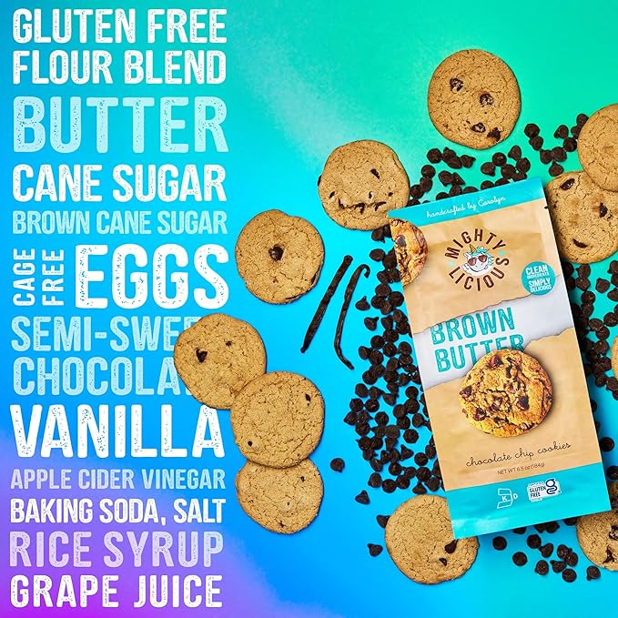 MIGHTYLICIOUS – Brown Butter Chocolate Chip Cookies - Gluten-Free - Kosher - Allergen-Friendly Snack - Perfect for Weddings & Birthdays - 6.5 Oz (3 Pack)