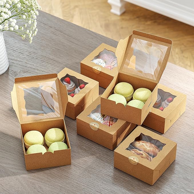EffiQ-Rate 50 Pack Cookie Boxes with Window, 6x6x3 Inches Bakery Boxes, Pastry Boxes for Cookies, Pastries, Desserts, Cakes, Donuts, Macarons, with 50 Stickers and 5 Bundles of Twine