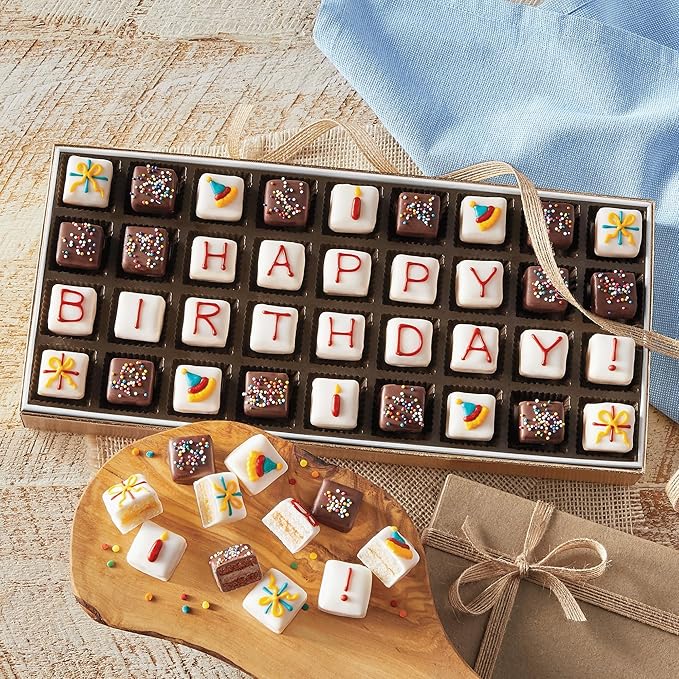 The Wisconsin Cheeseman Happy Birthday Petits Fours – Gourmet Mini Layer Cakes in Chocolate, Vanilla, Orange, and Lemon – Birthday Dessert or Cake Assortment Gift
