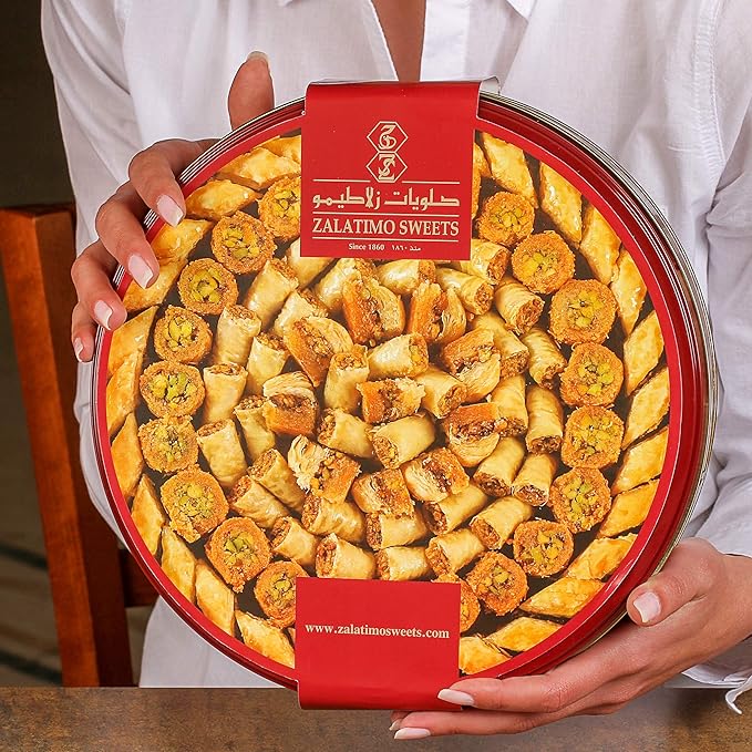 Zalatimo Sweets Middle Eastern Baklava Assortment with Pistachio, Walnut & Cashew, 2.2 lb Tin