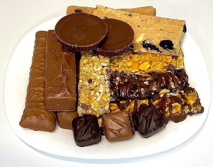 Hand-Crafted 33 Piece customizable chocolate gift basket of gourmet chocolates, cookies, and crunches. Tasty treats selected for businesses, clients, employees, birthdays, thank you and more!