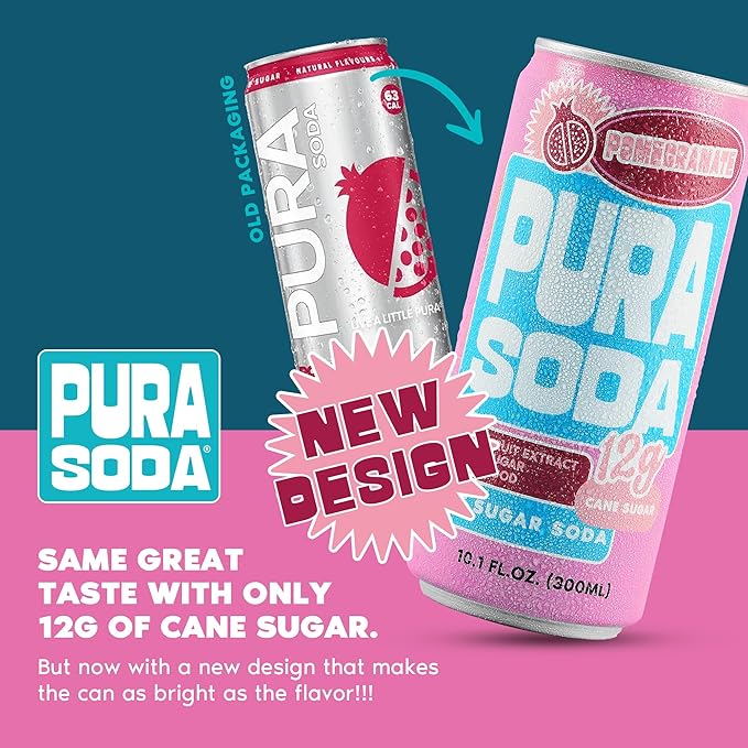 PuraSoda® Pomegranate | Low-Calorie, Cane Sugar Soda Beverage | Non-GMO, Vegan | Made with Pure Cane Sugar, Clean & Refreshing | 10.1 fl oz (300ml) Cans, Pack of 24