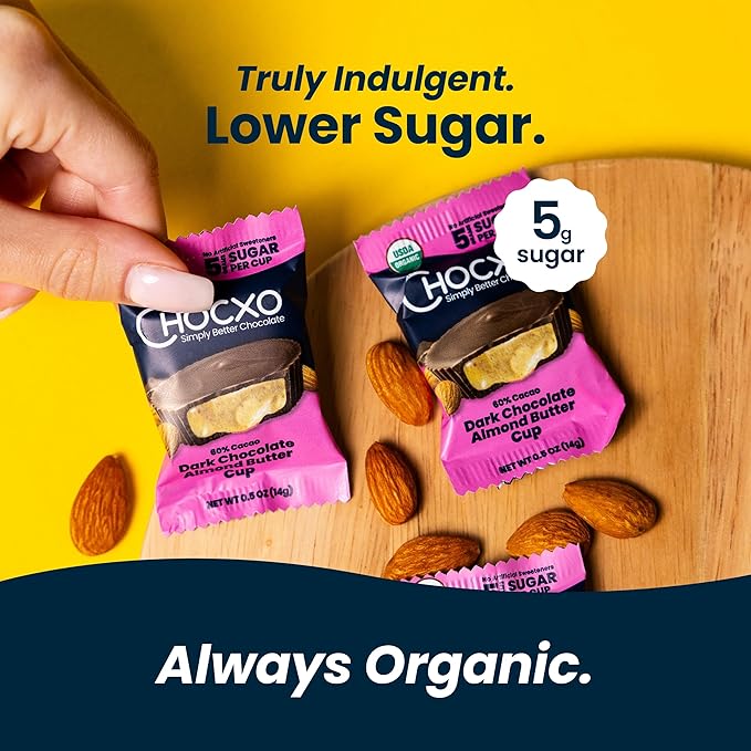 Chocxo Dark Chocolate Almond Butter Cups - Lower Sugar, Organic, NonGMO, Keto, Gluten Free, Kosher. 60% Cacao, No Artificial Sweeteners/Sugar Alcohols, 3.45 oz (Pack of 6)