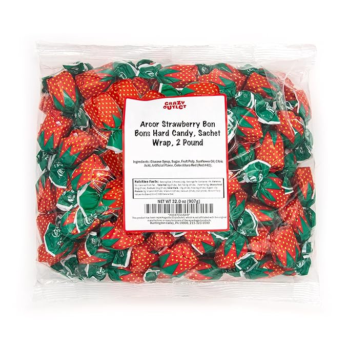 Arcor Strawberry Bon Bons - 2 Pound Bulk Pack - Filled Hard Candy Individually Wrapped - Soft Center Retro Candy - Classic Old School Candy for Office and Events